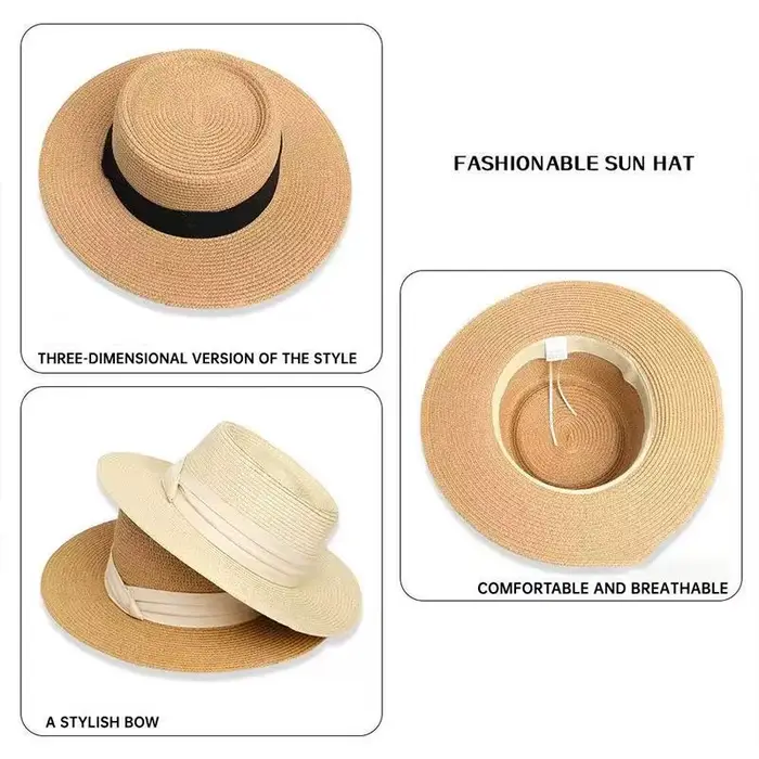 Chapeau de paille à bord plat de style français tendance pour femme