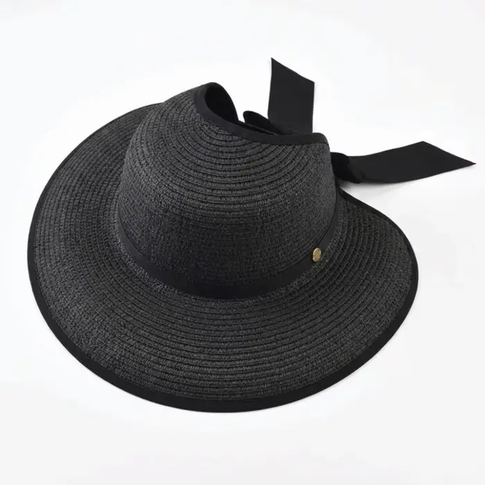 Chapeau de soleil élégant rond en paille pour l'été, à large bord, avec nœud, dessus ouvert, protect