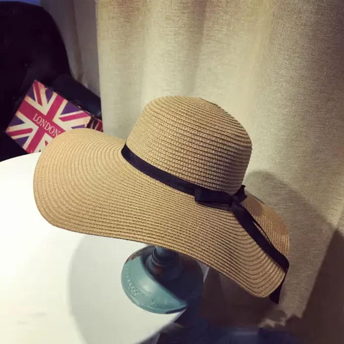 Chapeau de paille d'été pour femmes, chapeaux Panama souples à large bord avec nœud papillon, casque