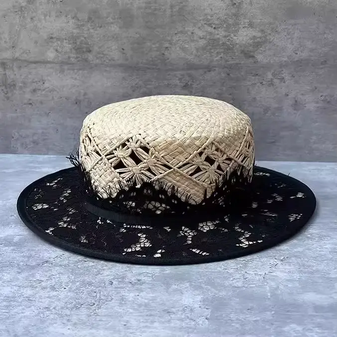 Chapeau plat en raphia tressé à la main pour femme, style rétro, en paille, élégant, pour l'été, pro