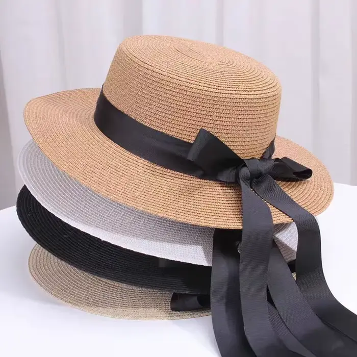 Printemps été classiques chapeau de paille femme plat haut seau chapeaux Chapeu doux arc Sombrero Mujer Fedora