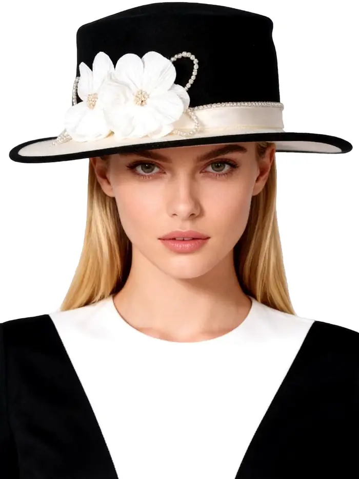 Chapeau Fedora en feutre de laine à dessus plat noir/blanc pour femmes, avec fleur, détail de fausse