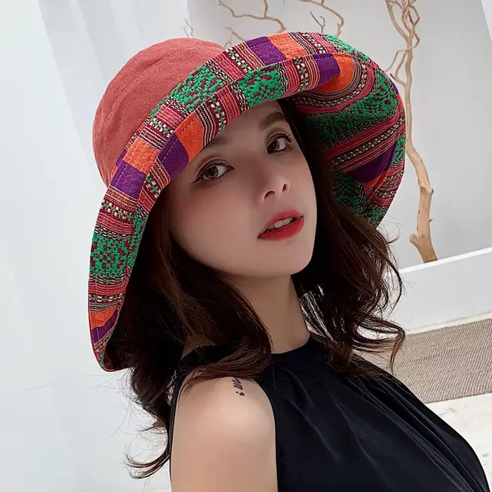 Chapeau de plage rétro pour femmes, protection solaire d'été, style ethnique, chapeau à grand bord p