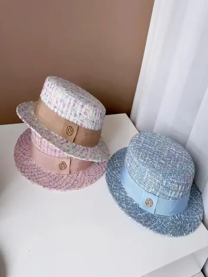 Europe et amérique xiao xiang style perle haut plat couleur jacquard chapeau rose tweed haut-de-forme femmes automne et hiver chapeaux de mode