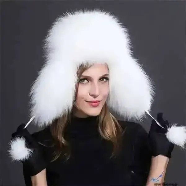 Chapeau d'hiver en fourrure de renard pour femme, style bombardier, chaud et épais, avec cache-oreil