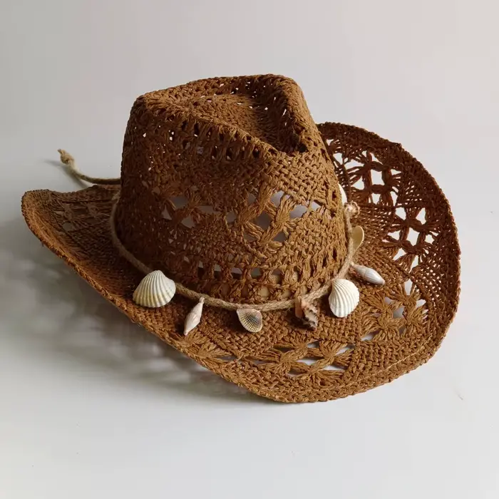 Chapeau de paille blanc style cowboy avec perles en bois, creux, bohème, chapeau de soleil, pour fem