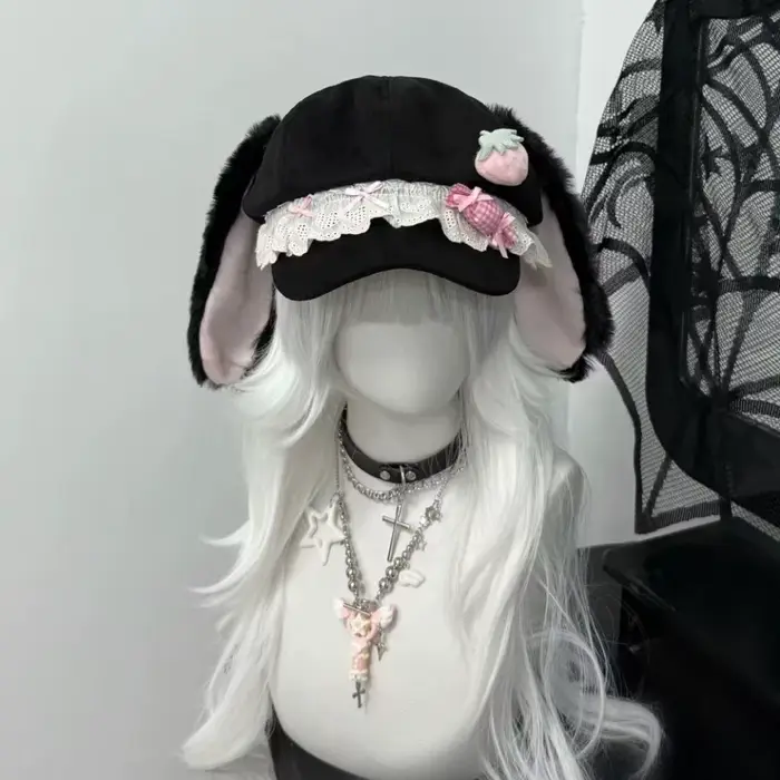 Casquette de baseball rose à oreilles de lapin en dentelle, chapeau décoratif en fourrure à bec de c