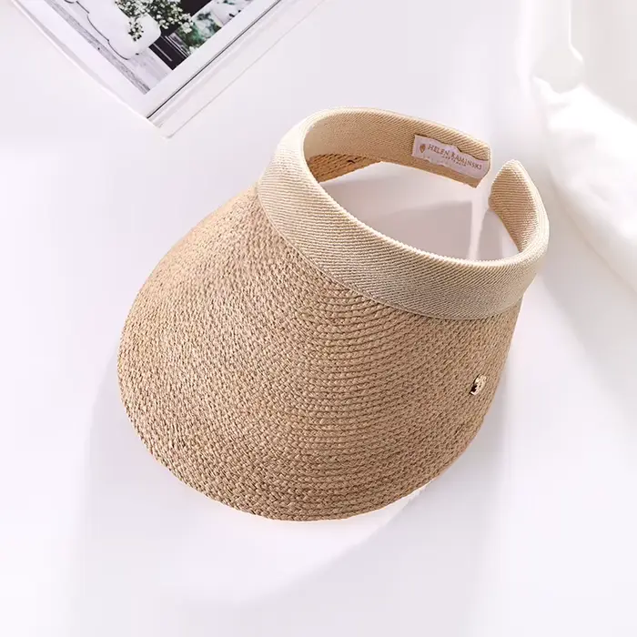 Chapeau à visière en paille de raphia pour femmes, chapeau de soleil d'été à large bord avec bandeau