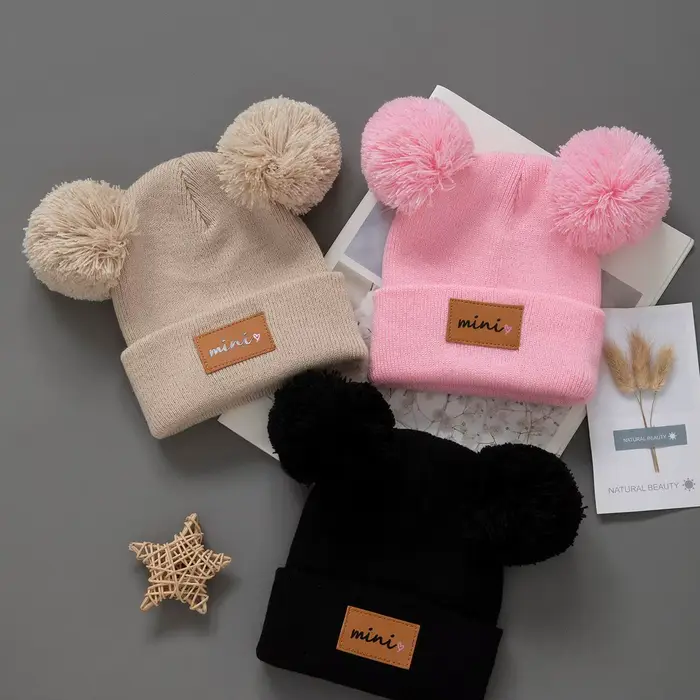 Bonnet tricoté pour enfants de 0 à 3 ans, 3 pièces, chapeau pour nouveau-né, pompon, mignon, hiver, 
