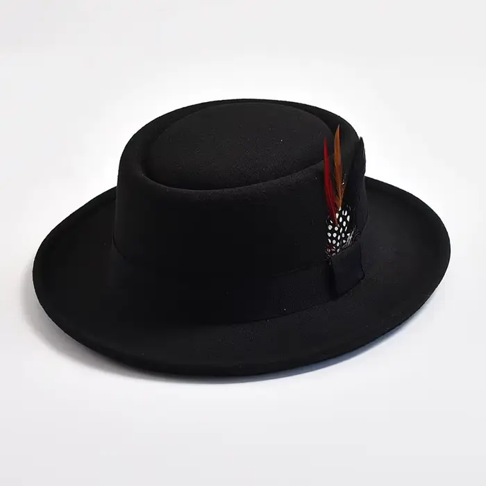 Chapeau Vintage Pork Pie pour Homme, Fedora en Feutre à Bord Roulé avec Plumes, Gentleman Trilby Jaz