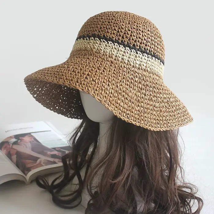 Chapeau de plage portable simple pour femmes, casquette de paille à bord plat, chapeau de soleil Bob