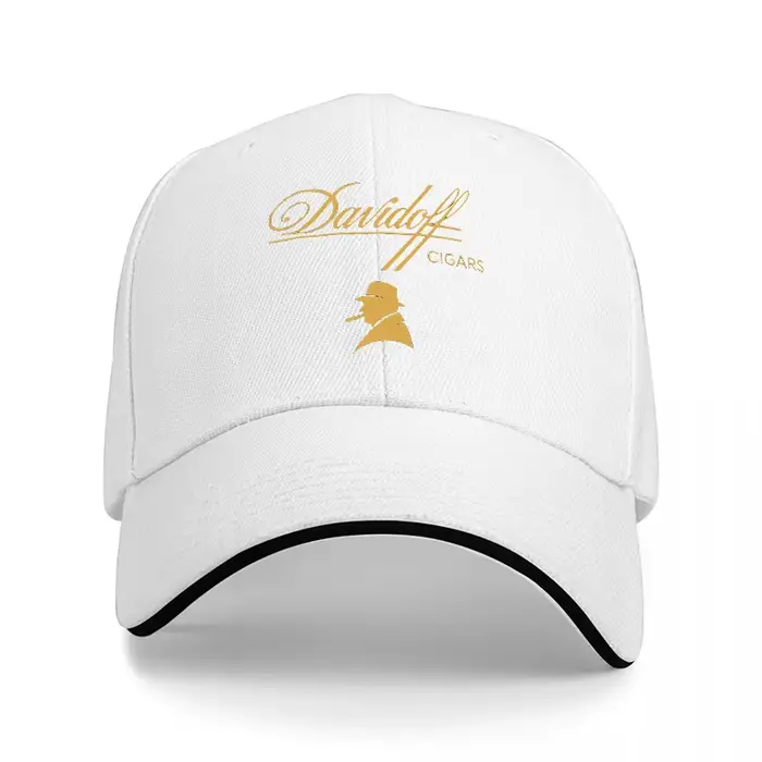 Casquette de baseball noire brodée avec le logo Davidoff Cigars, bordure dorée et design classique p