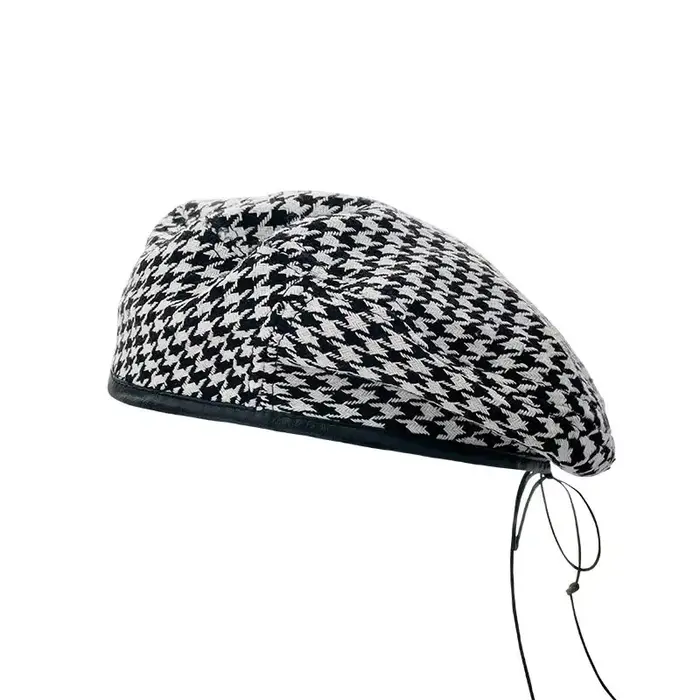 Béret à carreaux noir et blanc pour femmes, bérets français, casquettes à la mode, pied-de-poule, bo