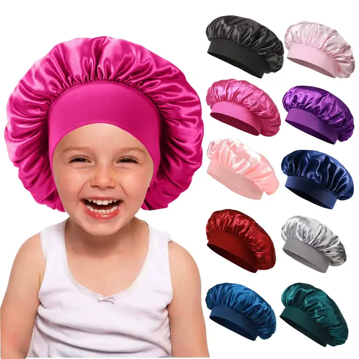 Bonnet en satin de polyester réglable pour enfants mignon avec ruban pour cheveux et couchage toutes saisons