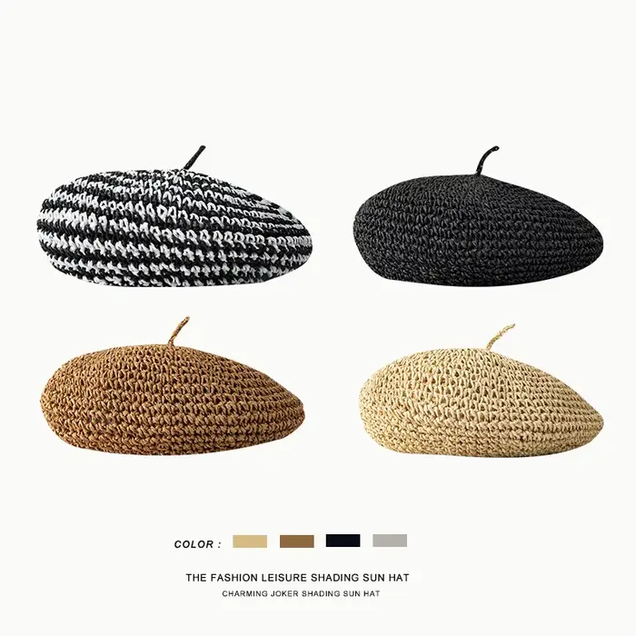 Béret Vintage en Paille Tissée pour Femme