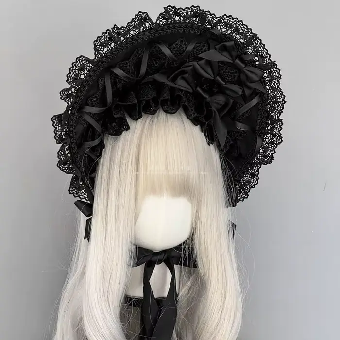 Bonnet en dentelle noire Lolita fait à la main, Style gothique foncé, couleur personnalisable, Origi