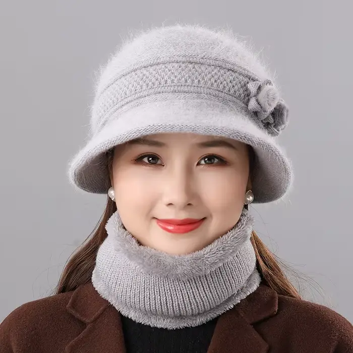 Chapeau chaud en cheveux de lapin pour mère âgée, bavoir pour femme, ensemble deux pièces, Simple, m